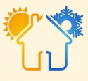 Icône de maison divisée chaud (soleil) et froid (flocon de neige) représentant les systèmes de chauffage et climatisation CVC.