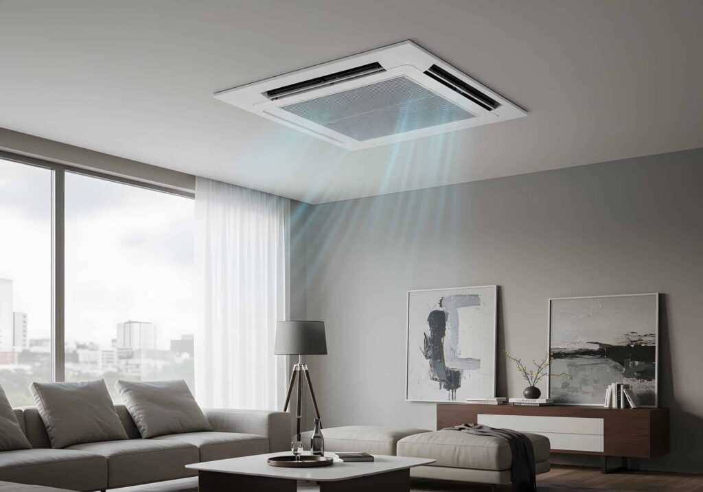 Modern ceiling mounted cassette type air conditioner distributing cool air in room.
